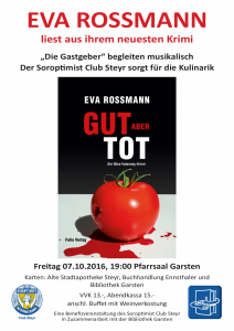 Plakat Benefizlesung Eva Rossmann "Gut, aber tot" begleitet von den Gastgebern